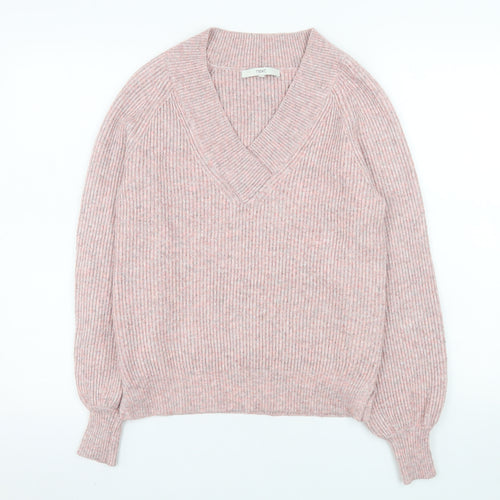 Next Womens Pink V-Neck Ribbed Knit Pullover Jumper XS
