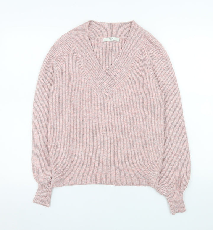 Next Womens Pink V-Neck Ribbed Knit Pullover Jumper XS