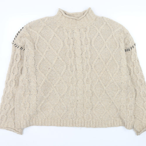 Primark Womens Beige Cable-Knit Mock Neck Jumper Size L 14/16