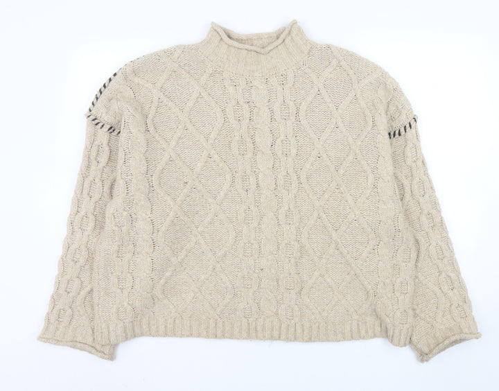 Primark Womens Beige Cable-Knit Mock Neck Jumper Size L 14/16