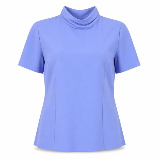 Front view of Berkertex Women Blue Short Sleeve Collared Button Blouse, size 14