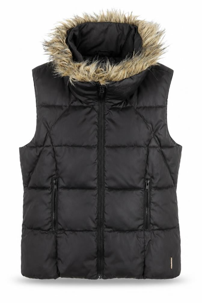 Front view of Firetrap women’s black fur trim puffer gilet, size UK 12