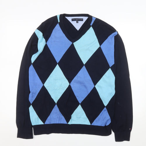 Tommy Hilfiger Mens Blue Argyle V-Neck Golf Cotton Jumper M