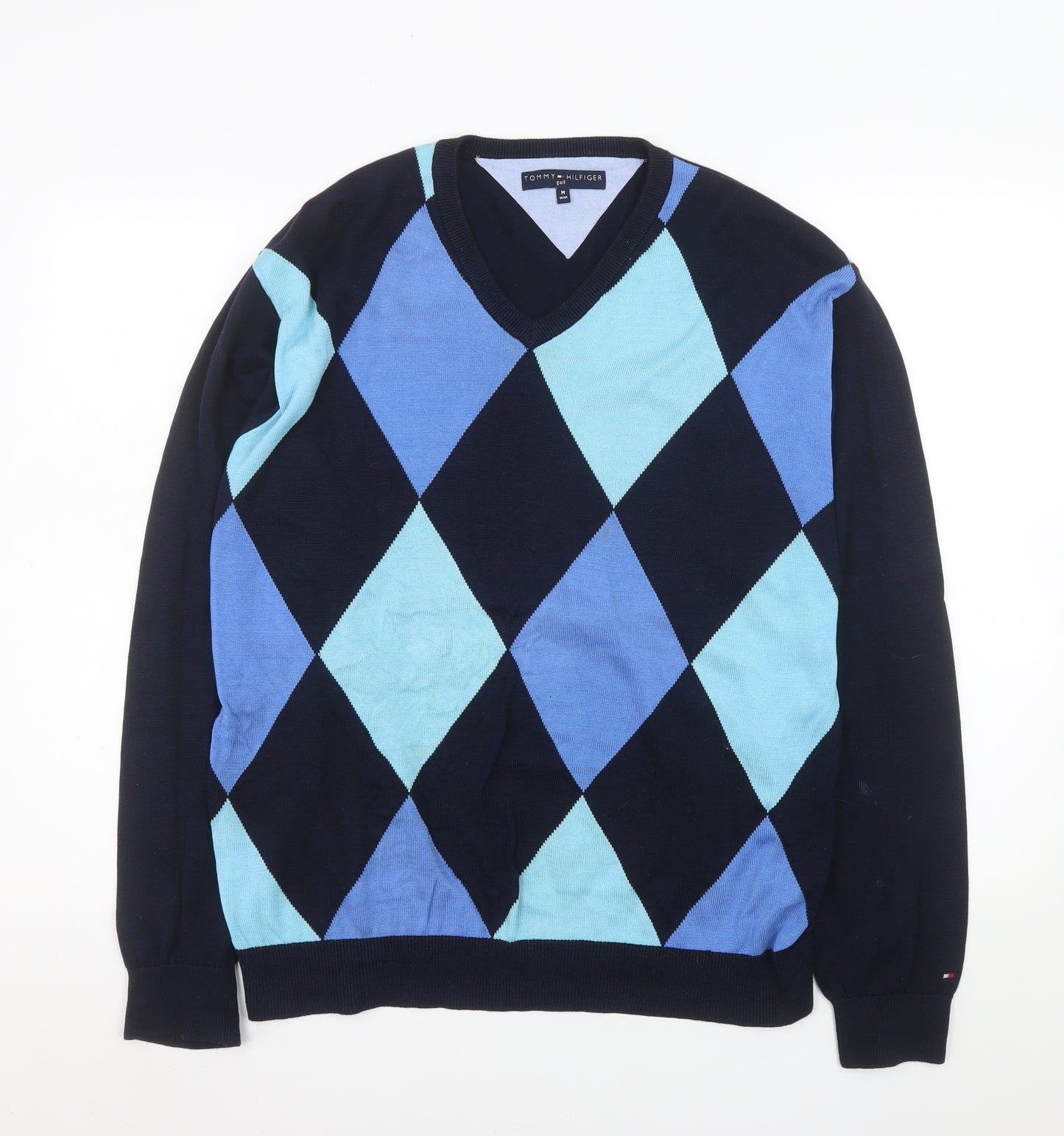 Tommy Hilfiger Mens Blue Argyle V-Neck Golf Cotton Jumper M