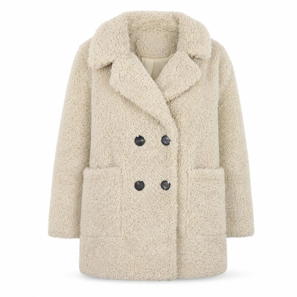 Front view of Next Women’s Beige Teddy Pea Coat, size UK 8, Lined Polyester Winter