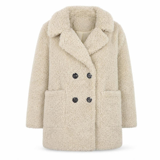 Front view of Next Women’s Beige Teddy Pea Coat, size UK 8, Lined Polyester Winter