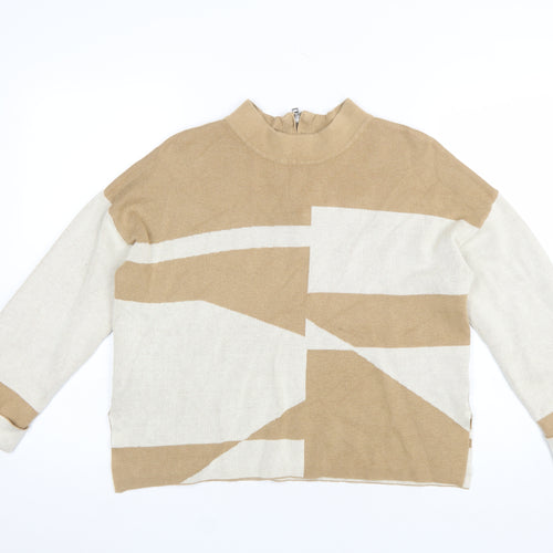 FOIL Women's Beige Mock Neck Striped Knit Pullover Jumper Size S