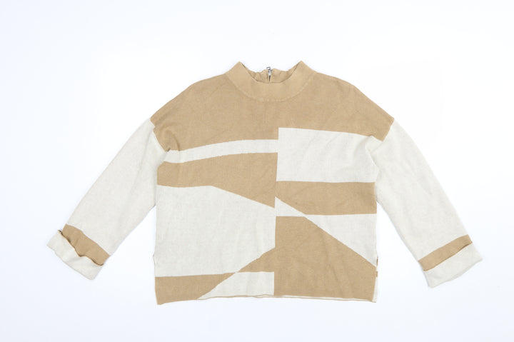 FOIL Women's Beige Mock Neck Striped Knit Pullover Jumper Size S