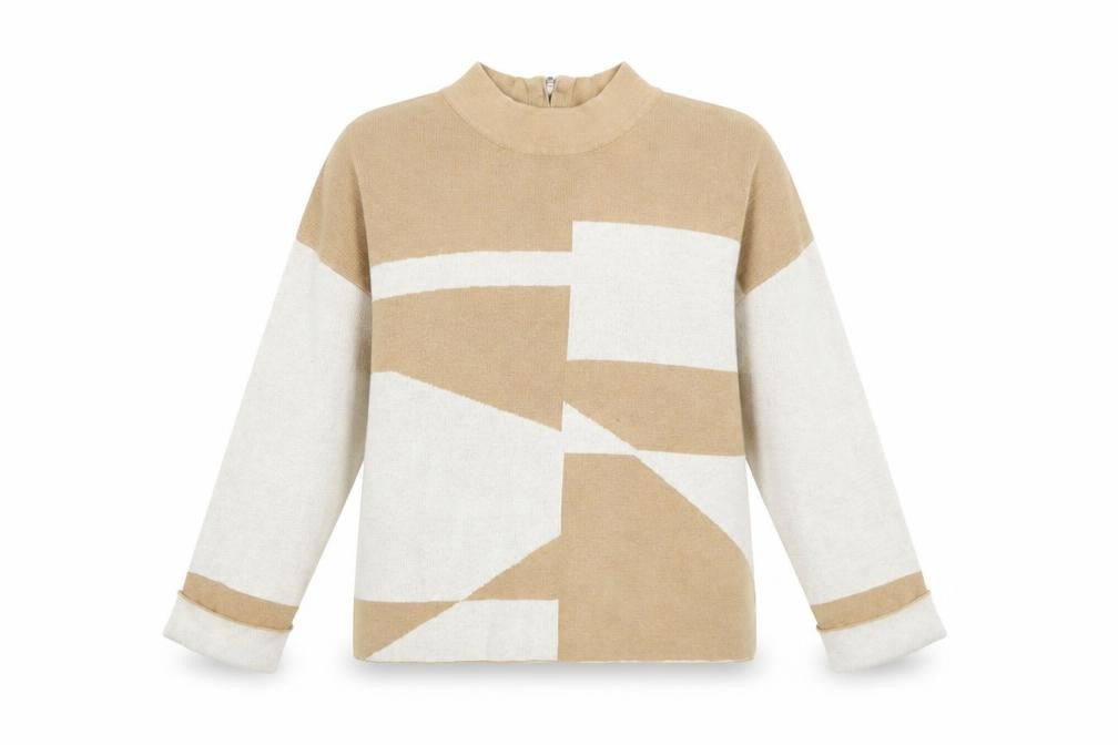 Front view of FOIL Women's Beige Mock Neck Striped Knit jumper, size S