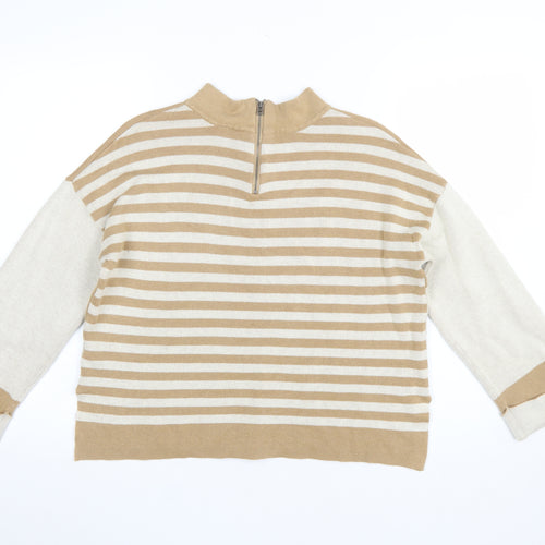 FOIL Women's Beige Mock Neck Striped Knit Pullover Jumper Size S