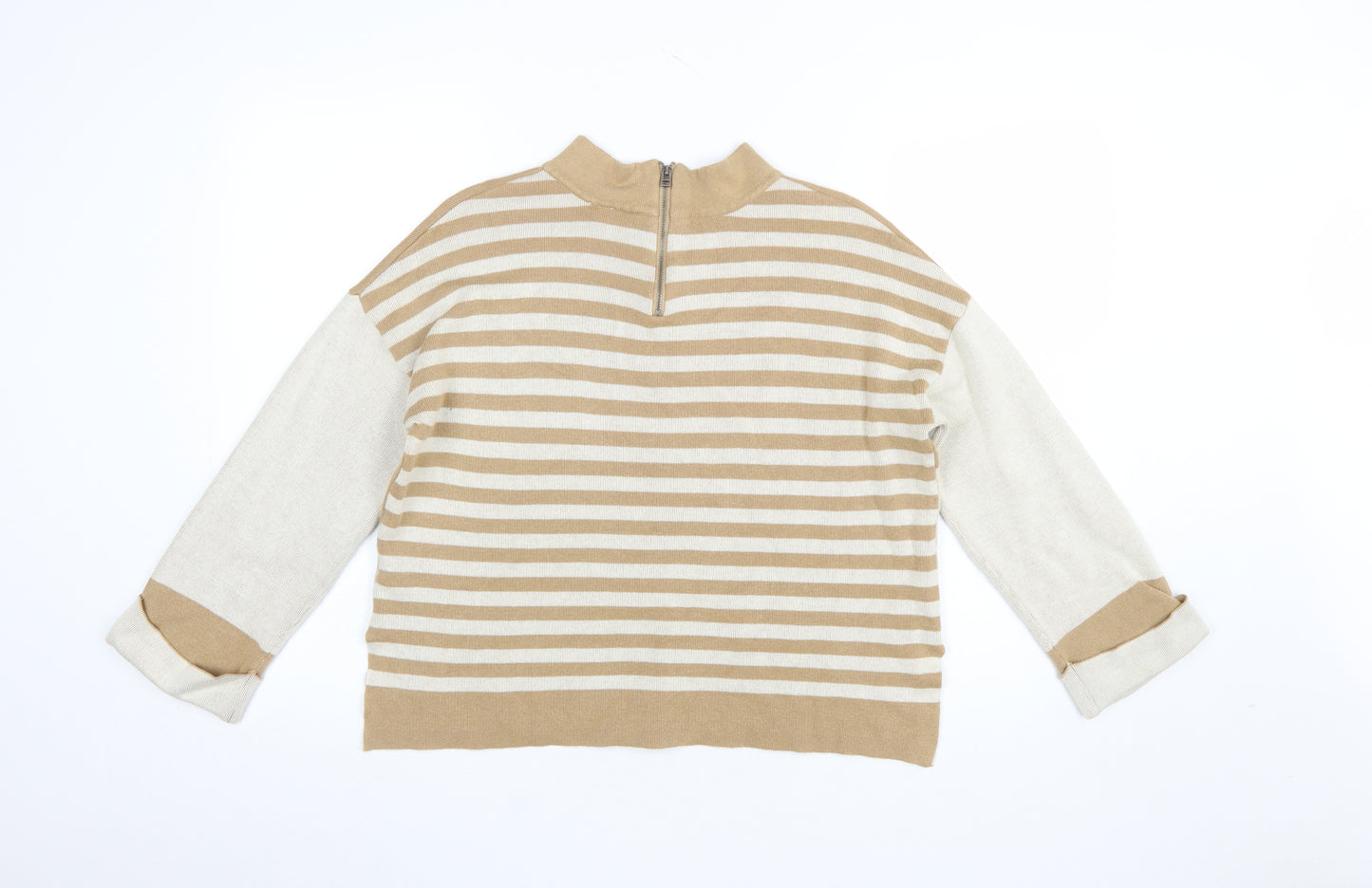 FOIL Women's Beige Mock Neck Striped Knit Pullover Jumper Size S