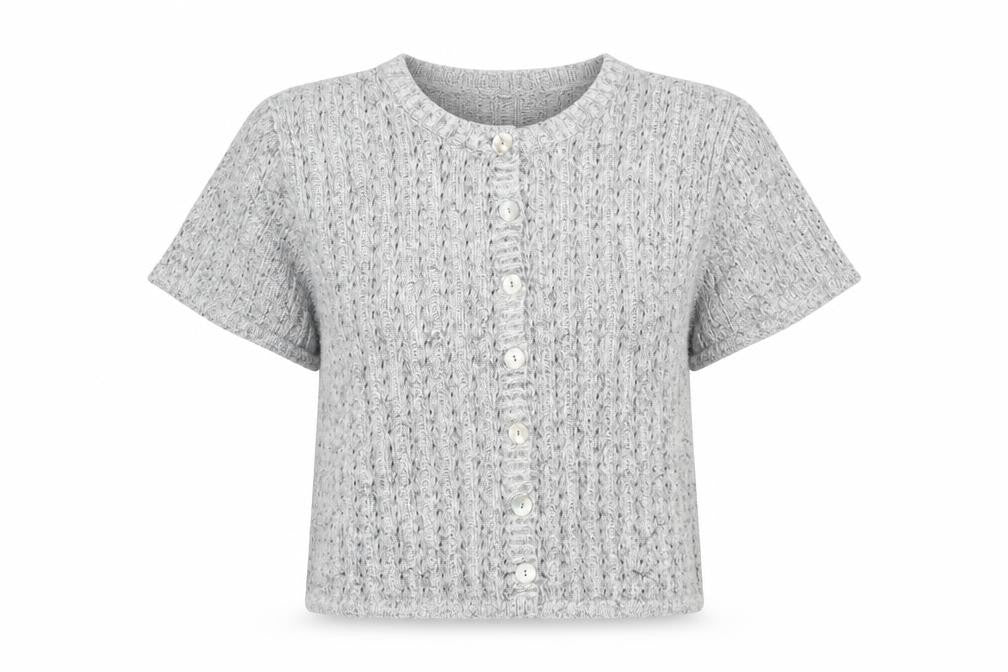 Front view of Anne Cramond Women's Grey Wool Blend Short Sleeve Cardigan L
