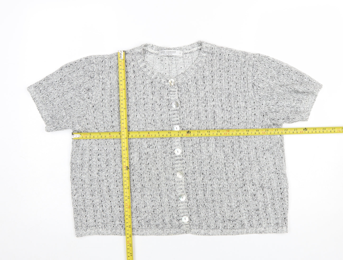 Anne Cramond Women's Grey Wool Blend Short Sleeve Cardigan L
