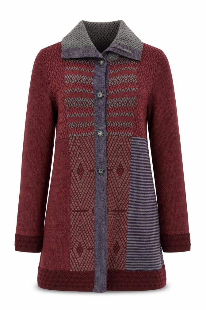 Indiwoman Red & Grey Patterned Wool Blend Long Cardigan Women’s M