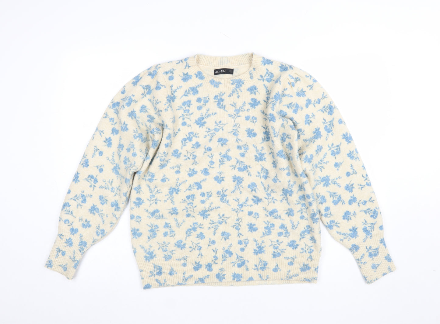 F&F Womens Beige Blue Floral Knit Pullover Jumper UK 14