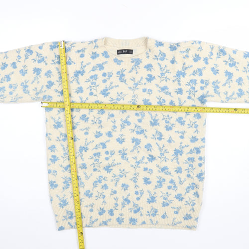 F&F Womens Beige Blue Floral Knit Pullover Jumper UK 14