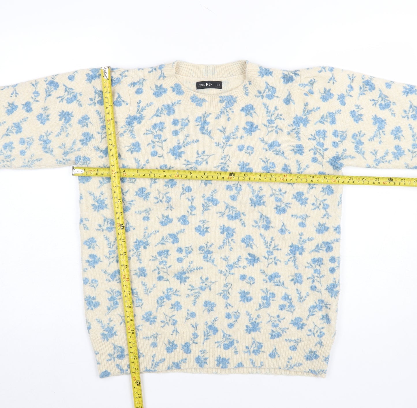 F&F Womens Beige Blue Floral Knit Pullover Jumper UK 14