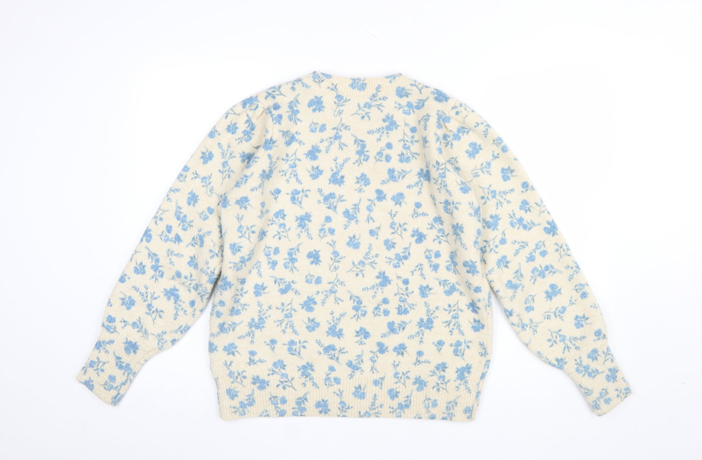 F&F Womens Beige Blue Floral Knit Pullover Jumper UK 14