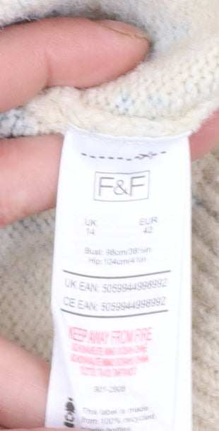 F&F Womens Beige Blue Floral Knit Pullover Jumper UK 14