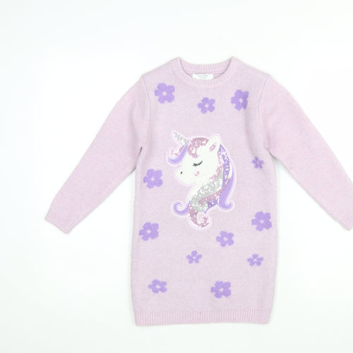 Primark Girls Pink Unicorn Sequin Jumper Dress 6-7 Years Long Sleeve Knit
