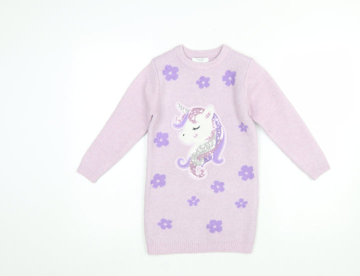 Primark Girls Pink Unicorn Sequin Jumper Dress 6-7 Years Long Sleeve Knit