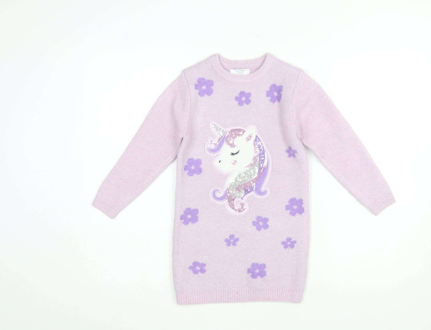 Primark Girls Pink Unicorn Sequin Jumper Dress 6-7 Years Long Sleeve Knit