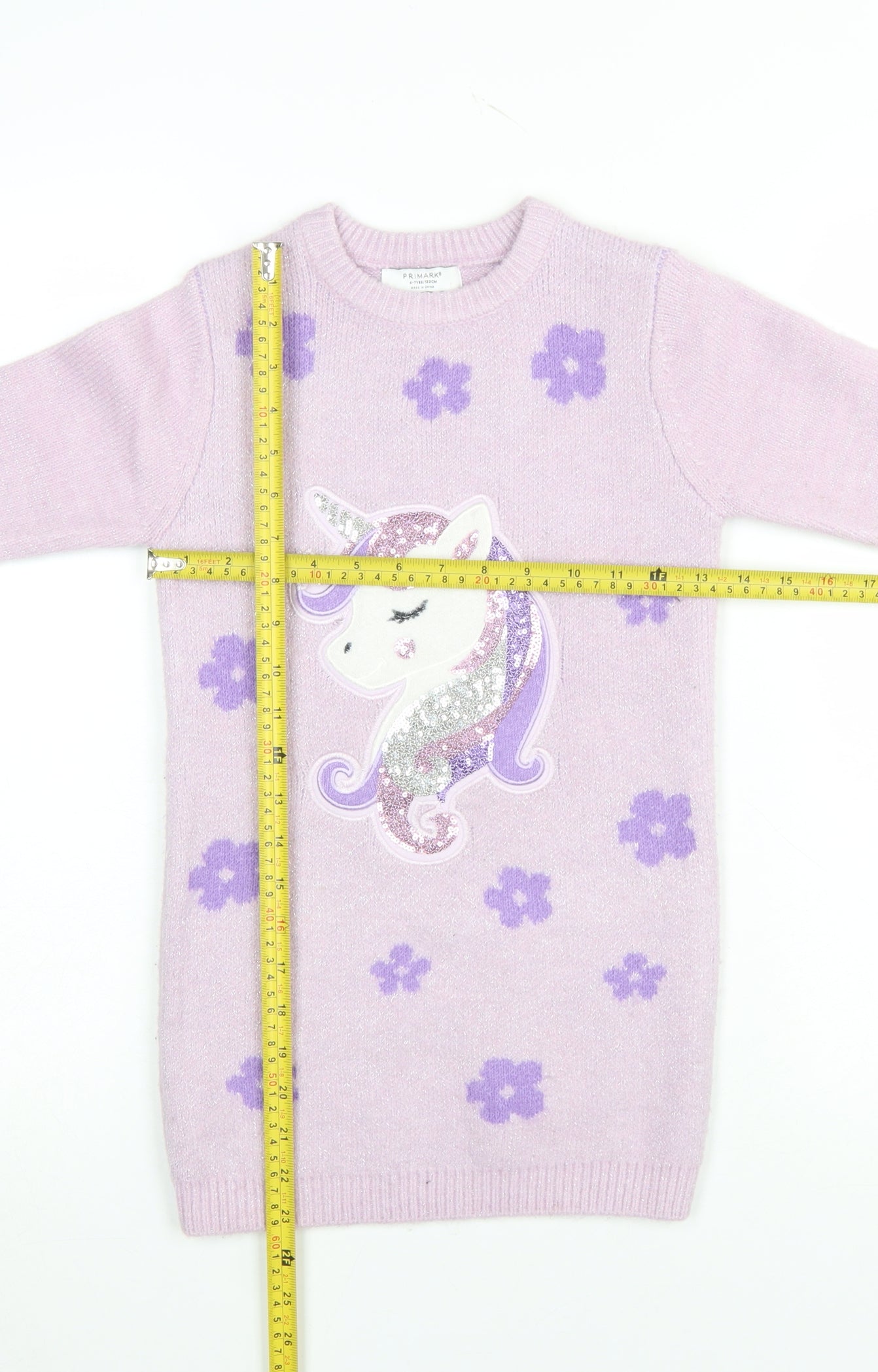Primark Girls Pink Unicorn Sequin Jumper Dress 6-7 Years Long Sleeve Knit