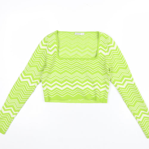 Stradivarius Women Green XS Zigzag Knit Square Neck Jumper