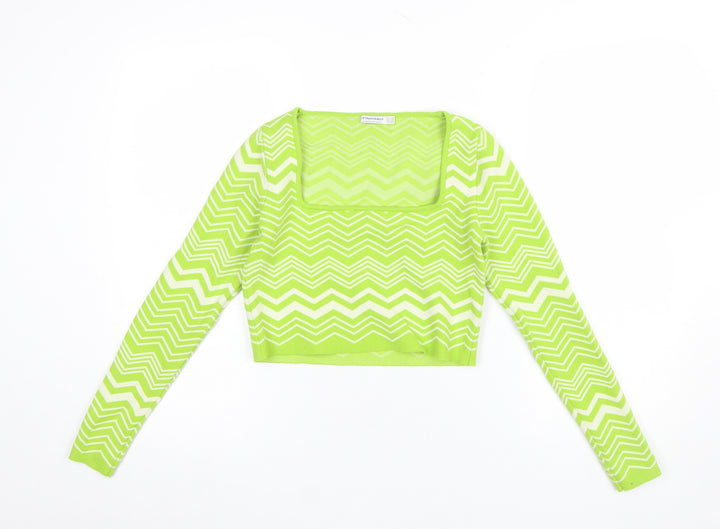 Stradivarius Women Green XS Zigzag Knit Square Neck Jumper