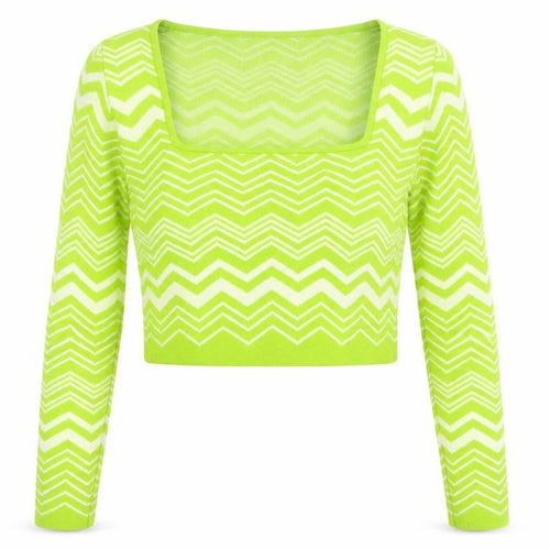 Stradivarius Women Green XS Zigzag Knit Square Neck Jumper