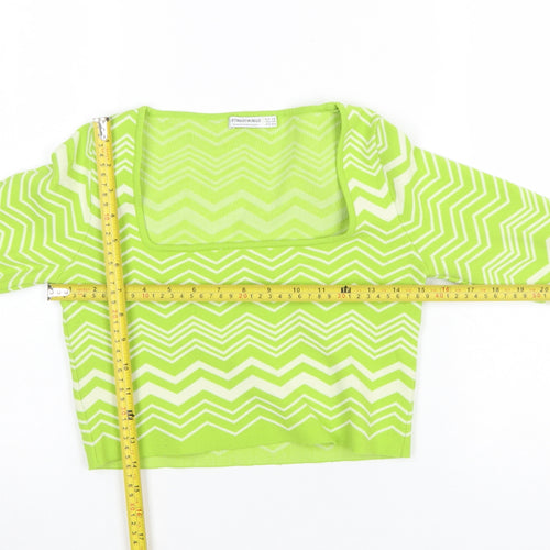 Stradivarius Women Green XS Zigzag Knit Square Neck Jumper