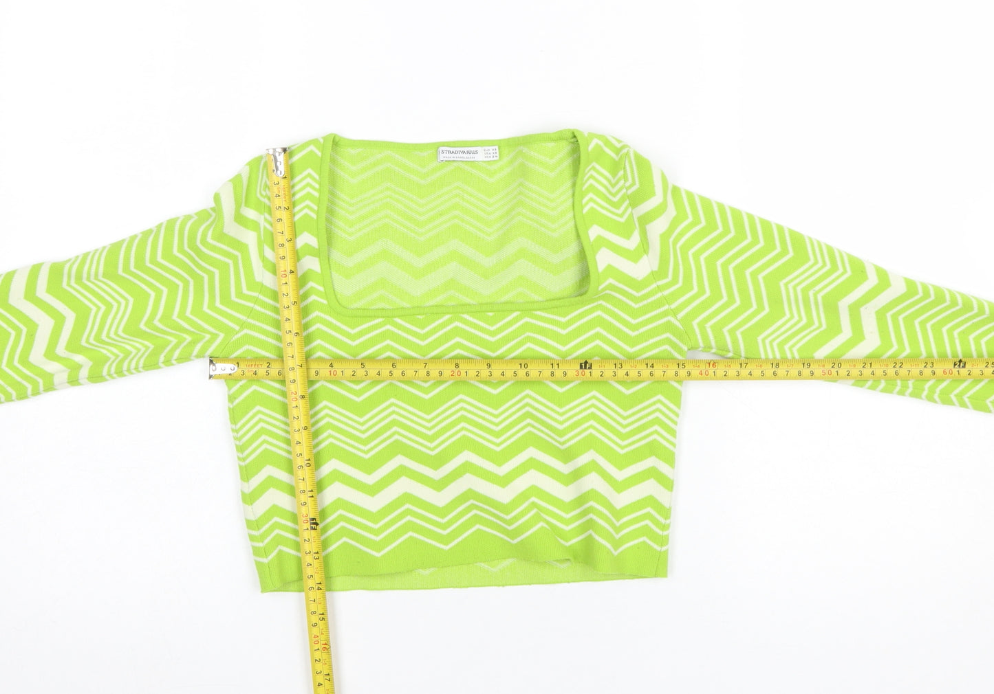 Stradivarius Women Green XS Zigzag Knit Square Neck Jumper