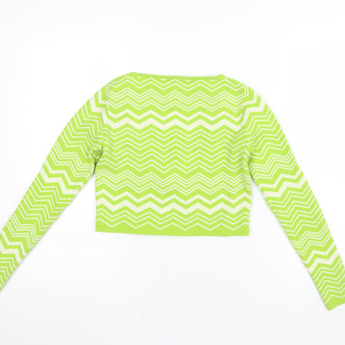 Stradivarius Women Green XS Zigzag Knit Square Neck Jumper