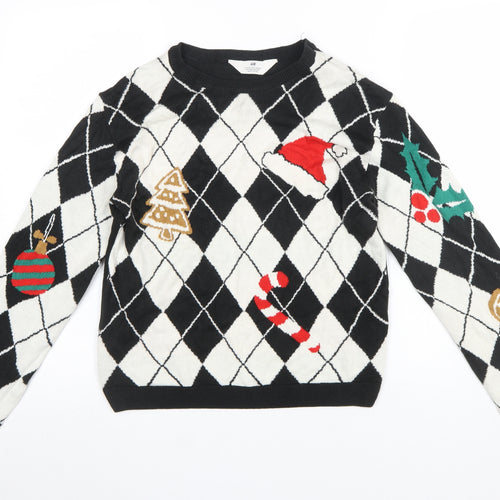 H&M Girls Black White Christmas Argyle Pullover Jumper 14 Years