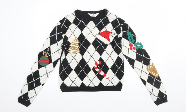 H&M Girls Black White Christmas Argyle Pullover Jumper 14 Years