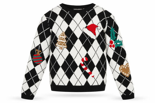 Front view of H&M girls’ black white christmas argyle jumper 14 years