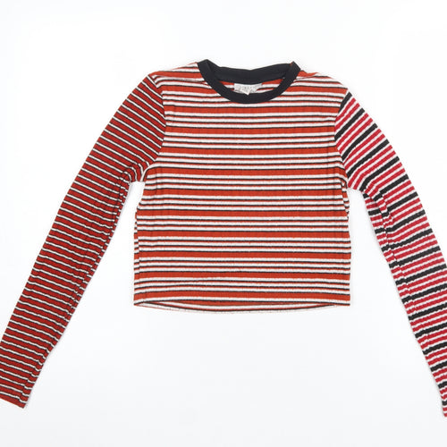 Topshop Women Red Striped Cropped Long Sleeve T-Shirt Size 8
