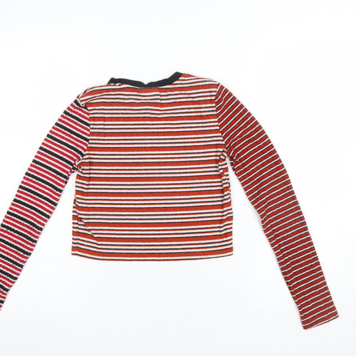 Topshop Women Red Striped Cropped Long Sleeve T-Shirt Size 8