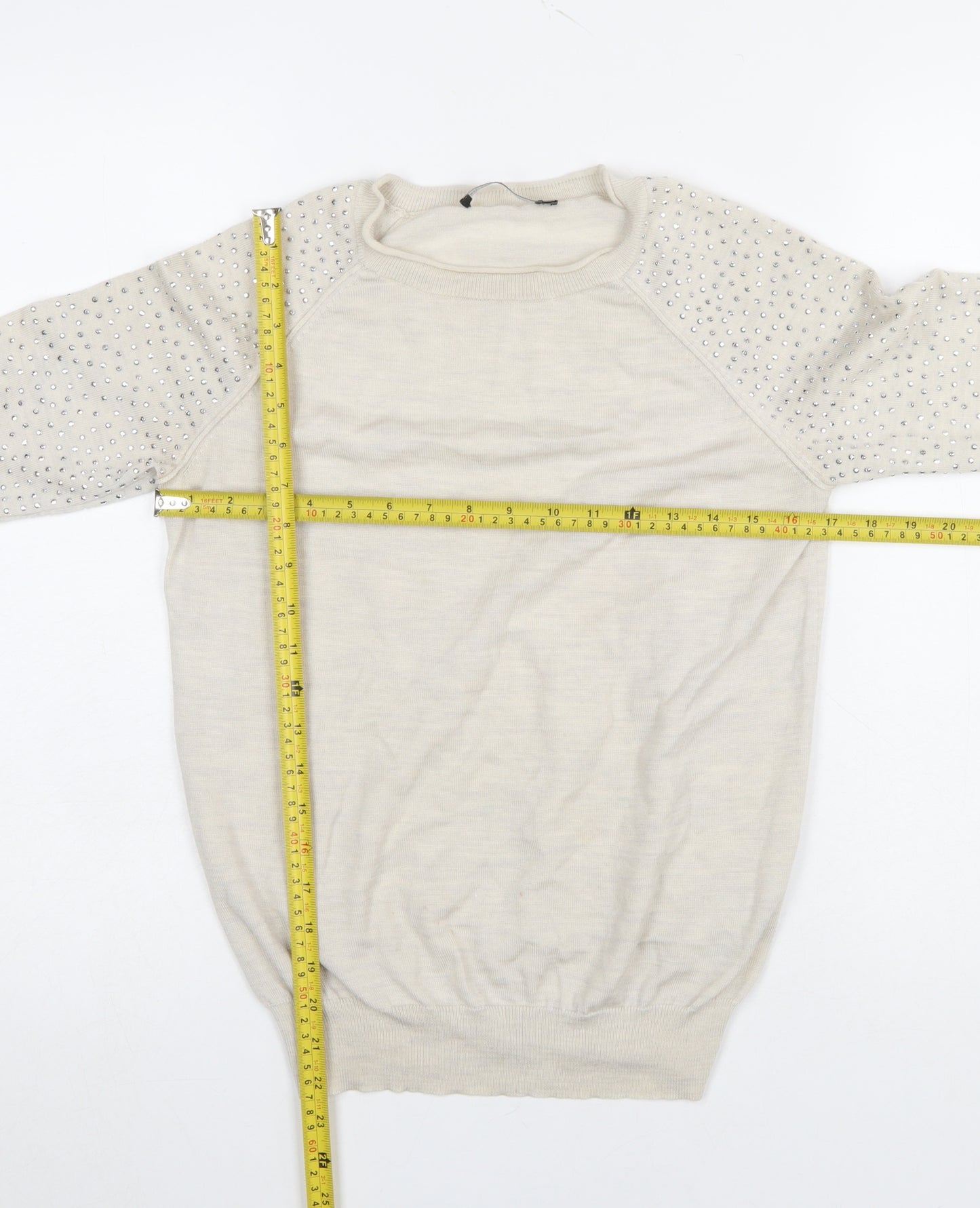 Karen Millen Women's Beige Wool Blend Jewel Sleeve Jumper Size 10