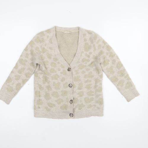 John Lewis Girls Beige Leopard Print Button Cardigan Age 8 Long Sleeve Knit