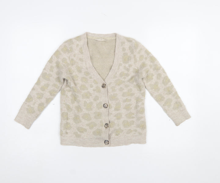 John Lewis Girls Beige Leopard Print Button Cardigan Age 8 Long Sleeve Knit