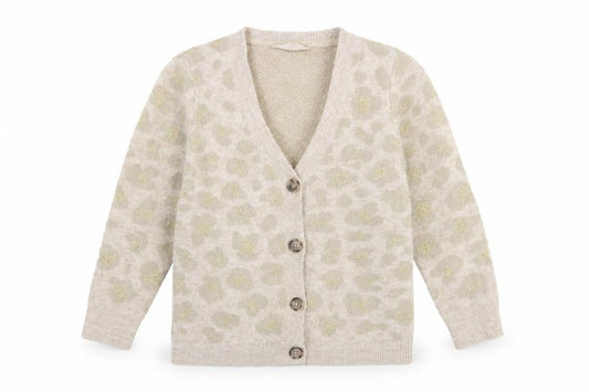 Front view of John Lewis girls’ beige leopard print button cardigan age 8 long sleeve knit