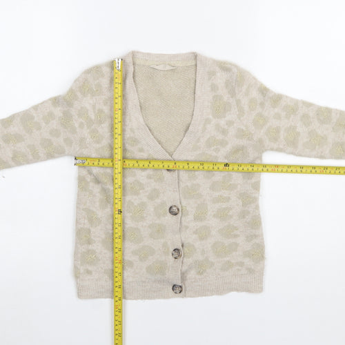 John Lewis Girls Beige Leopard Print Button Cardigan Age 8 Long Sleeve Knit