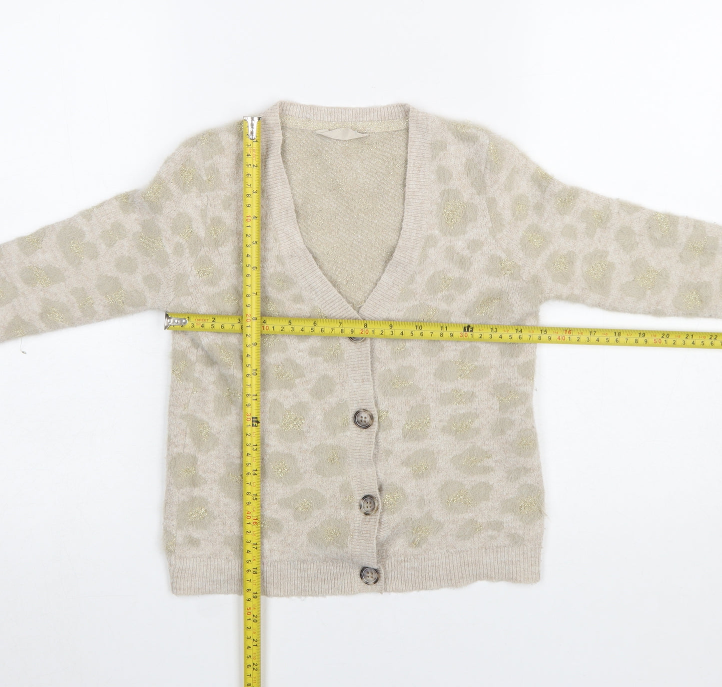 John Lewis Girls Beige Leopard Print Button Cardigan Age 8 Long Sleeve Knit