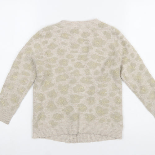 John Lewis Girls Beige Leopard Print Button Cardigan Age 8 Long Sleeve Knit