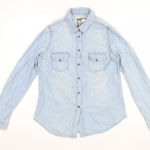 YES YES Womens Blue Denim Button-Up Shirt UK 12 Cotton Long Sleeve