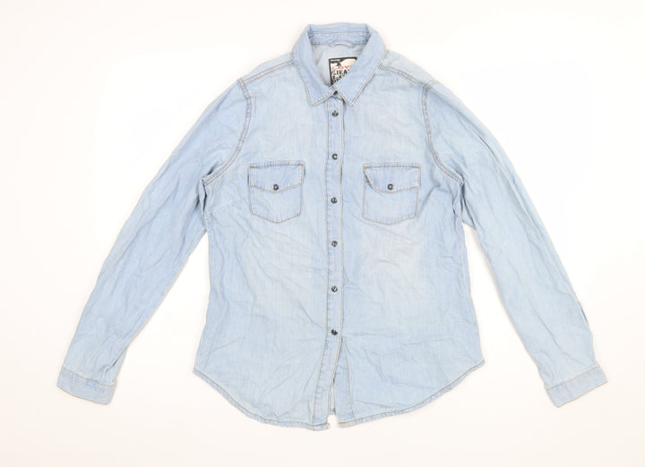 YES YES Womens Blue Denim Button-Up Shirt UK 12 Cotton Long Sleeve