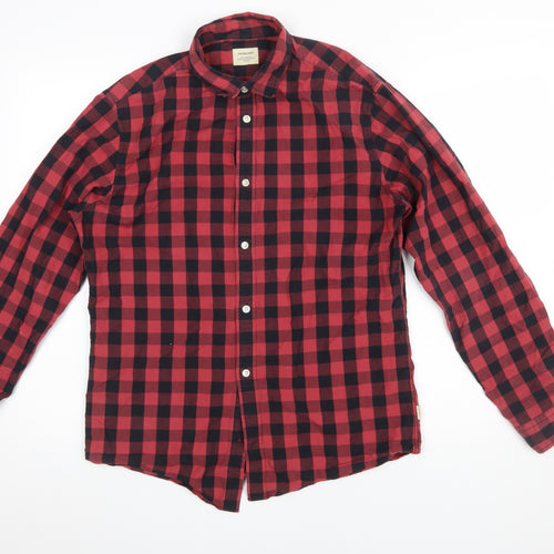Jack & Jones Men's Red Check Flannel Button-Up Shirt M Regular Fit