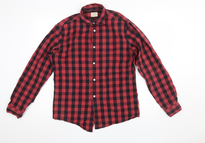 Jack & Jones Men's Red Check Flannel Button-Up Shirt M Regular Fit