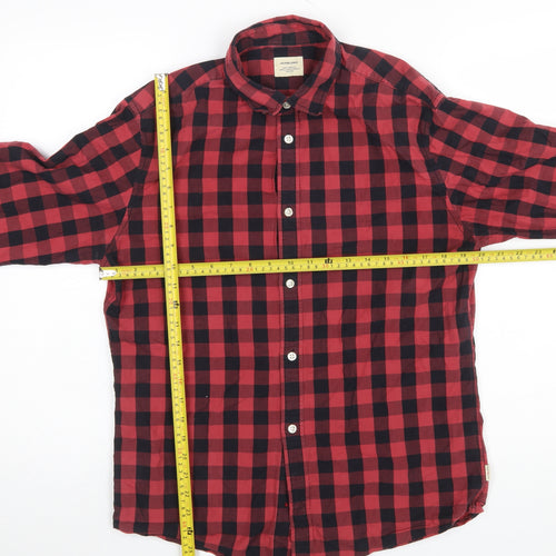 Jack & Jones Men's Red Check Flannel Button-Up Shirt M Regular Fit